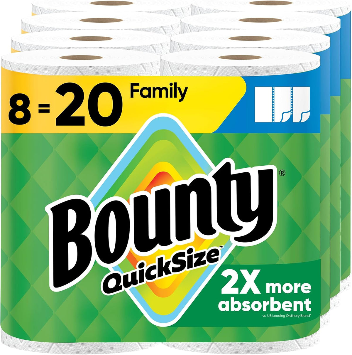 Bounty paper towels Quick Size in white, 16 family rolls, shown in a kitchen setting with towels partially unrolled.