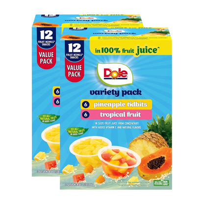 Dole canned pineapple tidbits and tropical fruit in 4 oz bowls, 12-pack, showing sliced pineapple and mixed tropical fruits.