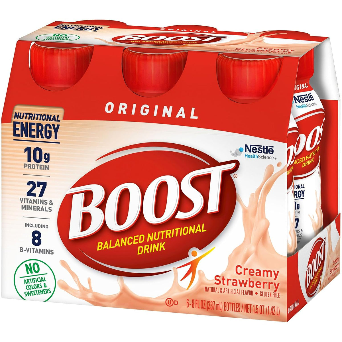 Boost Original Nutritional Drink in creamy strawberry flavor, 8 oz bottle, pack of 24, with a vibrant pink beverage in a clear bottle.
