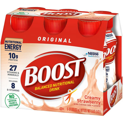Boost Original Nutritional Drink in creamy strawberry flavor, 8 oz bottle, pack of 24, with a vibrant pink beverage in a clear bottle.