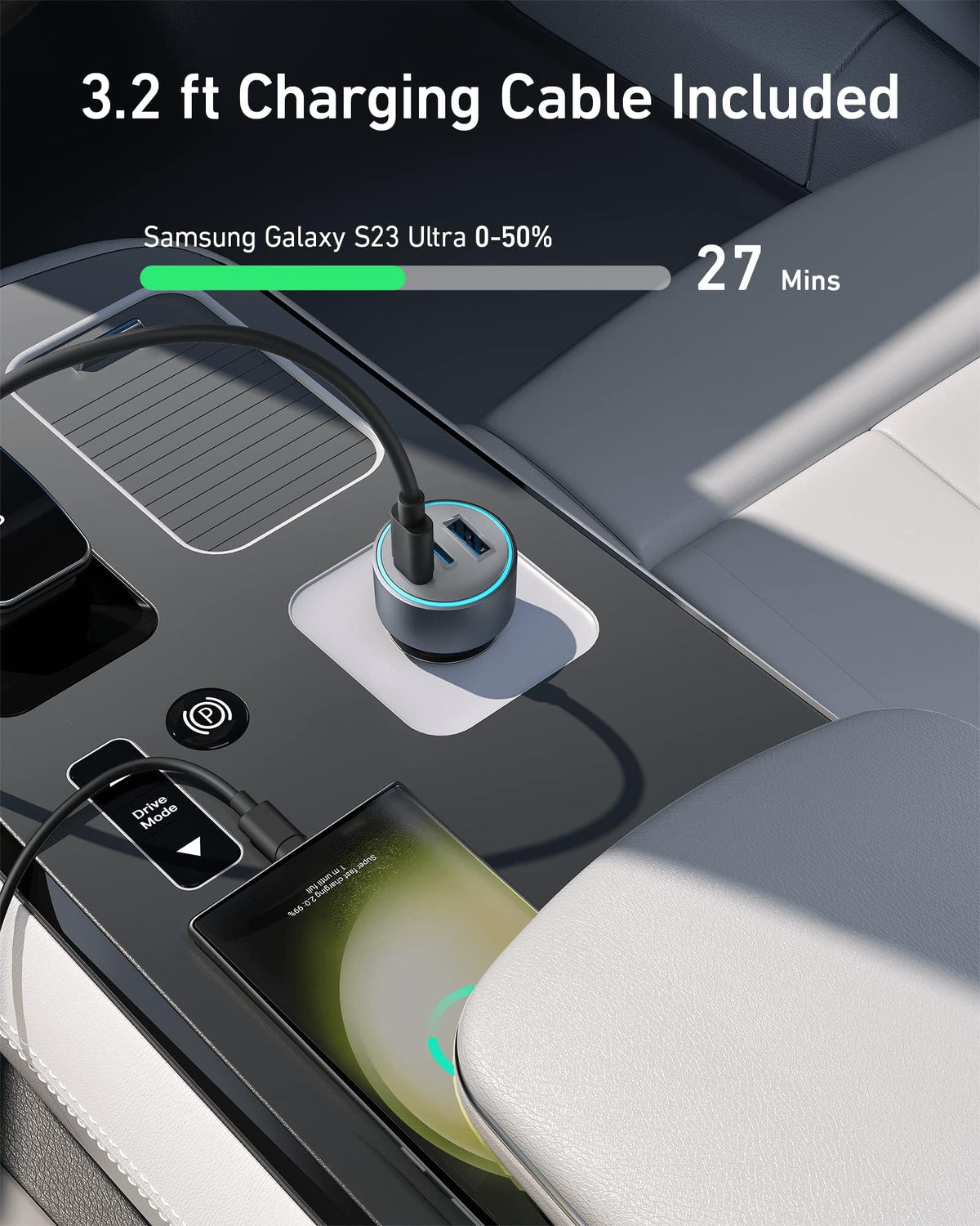 Anker 535 67W car charger with dual USB ports plugged into a vehicle's cigarette lighter socket.