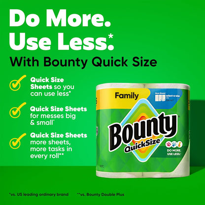 Bounty Paper Towels Quick Size white rolls, 16 family-sized rolls equals 40 regular rolls, durable and absorbent.