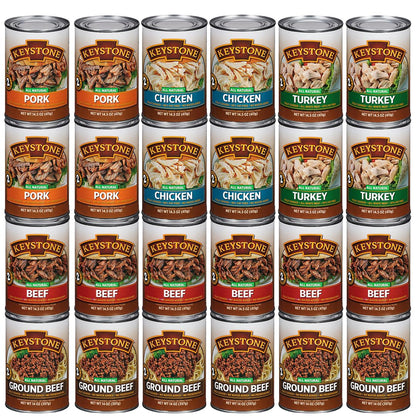 Keystone Meats variety pack with 24 cans of fully cooked canned meats including beef, chicken, turkey, and pork in 14.5 oz sizes.