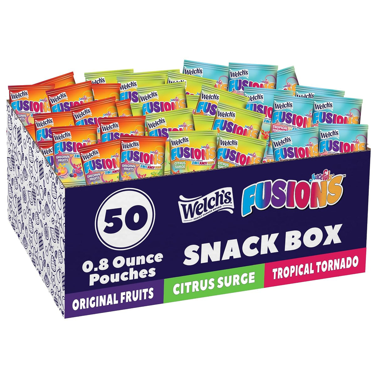 Welch's Fruit Snacks Fusions variety pack, gluten-free fruit snack pouches, 0.8 oz, 50-count tray with colorful fruit images.