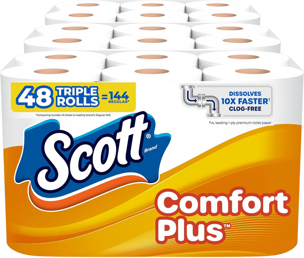 Scott ComfortPlus toilet paper, 12 triple rolls with 231 sheets each, 1-ply, septic-safe bathroom tissue, from Scott brand.