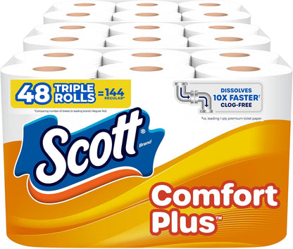 Scott ComfortPlus toilet paper, 12 triple rolls with 231 sheets each, 1-ply, septic-safe bathroom tissue, from Scott brand.