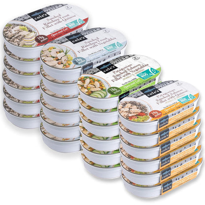 Cole's ready-to-eat meals variety pack with smoked salmon, trout, quinoa, and vegetables in 5.6 oz cans. High-protein seafood meals.