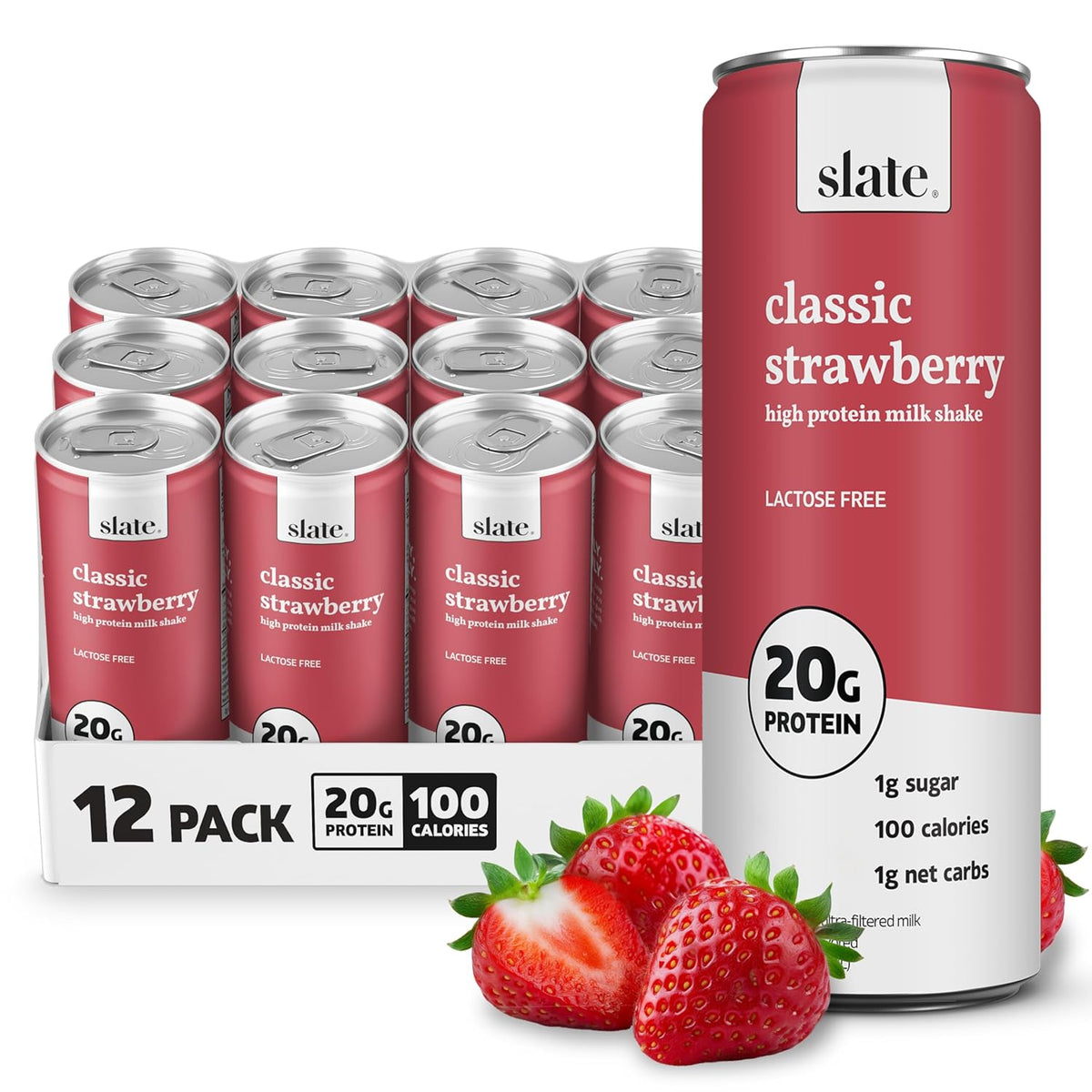 Slate Milk high protein milk shakes and iced coffees in chocolate, mocha, vanilla flavors, lactose-free, 20g protein, 11 fl oz cans.