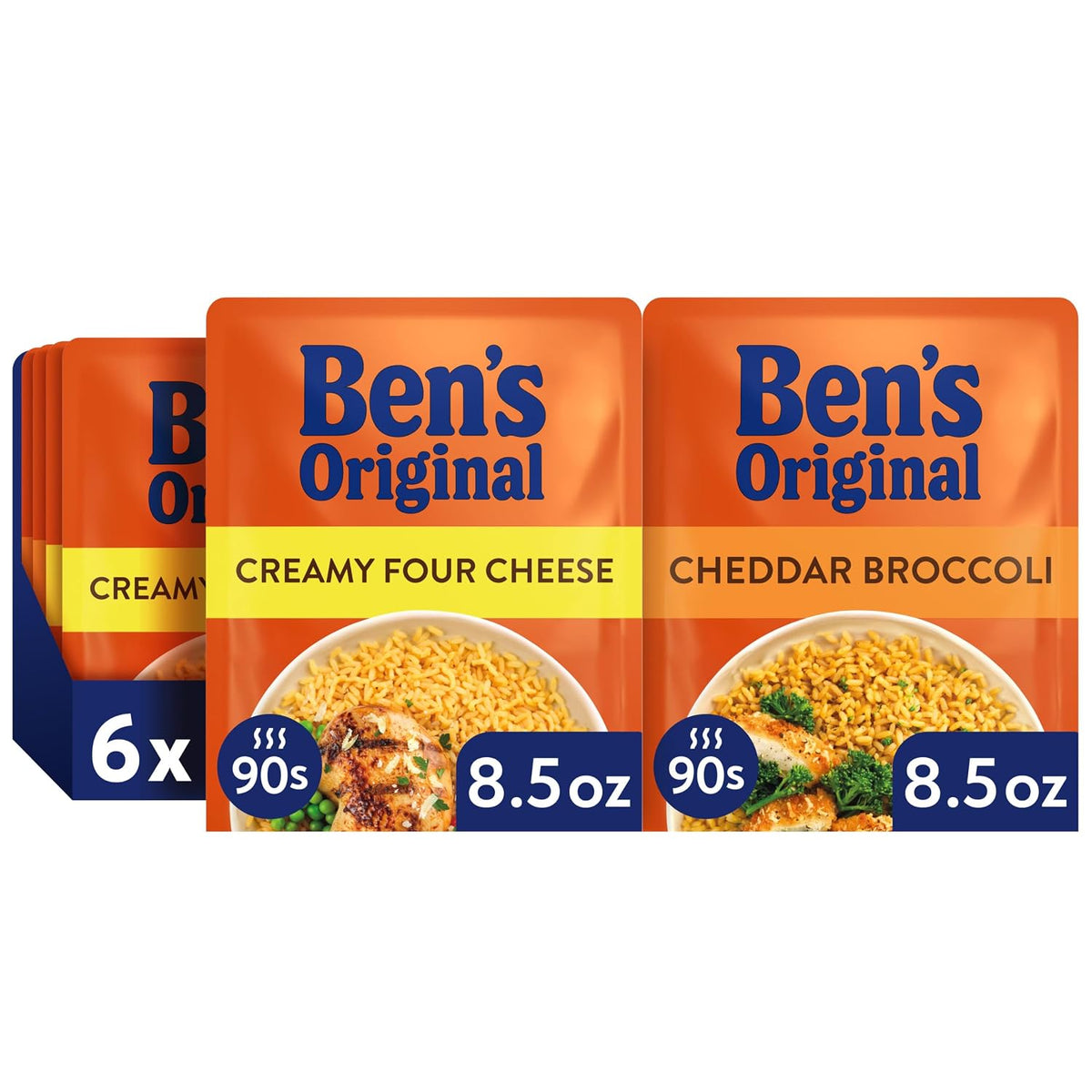 Ben's Original Ready Rice Four Cheese & Cheddar Broccoli microwave rice package, 8.5oz, 6-pack, with cheese, broccoli, and rice.