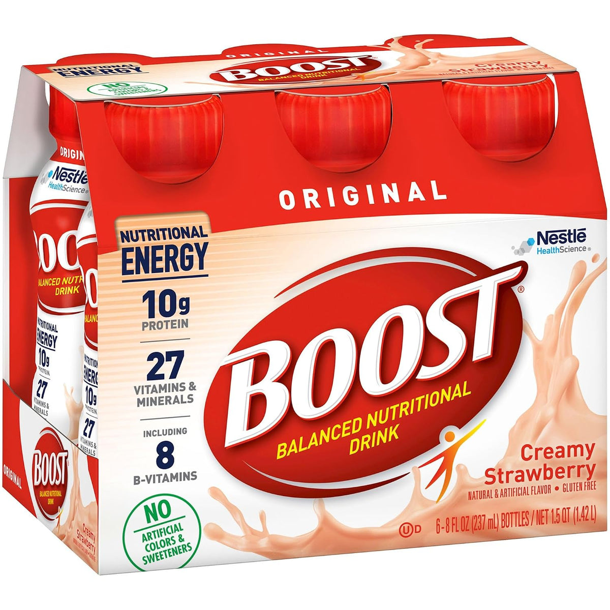 Boost Original Nutritional Drink in creamy strawberry flavor, 8 oz bottle, pack of 24, with colorful label and fresh fruit imagery.