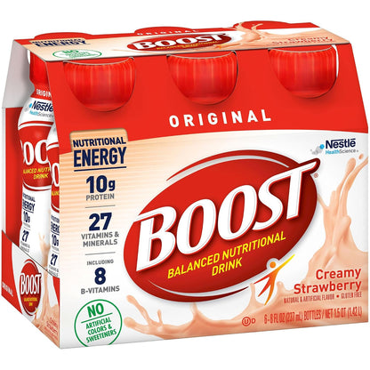 Boost Original Nutritional Drink in creamy strawberry flavor, 8 oz bottle, pack of 24, with colorful label and fresh fruit imagery.