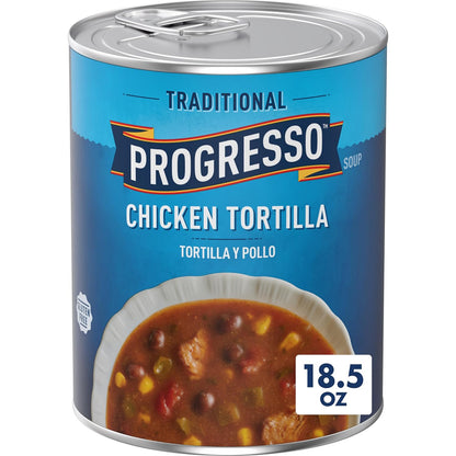 Canned soup pack with four 19 oz cans of Progresso Traditional Chicken Noodle Soup, showing the soup can labels and packaging.