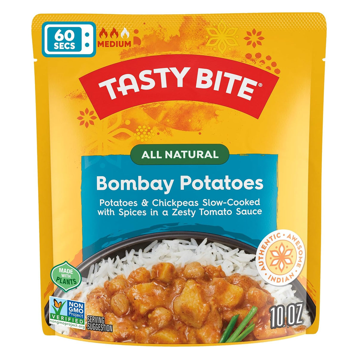 BackUpMyFilesNow® Tasty Bite Indian Bombay Potatoes microwaveable ready-to-eat entrée in a 10-ounce pack, showing cooked potatoes in a bowl.