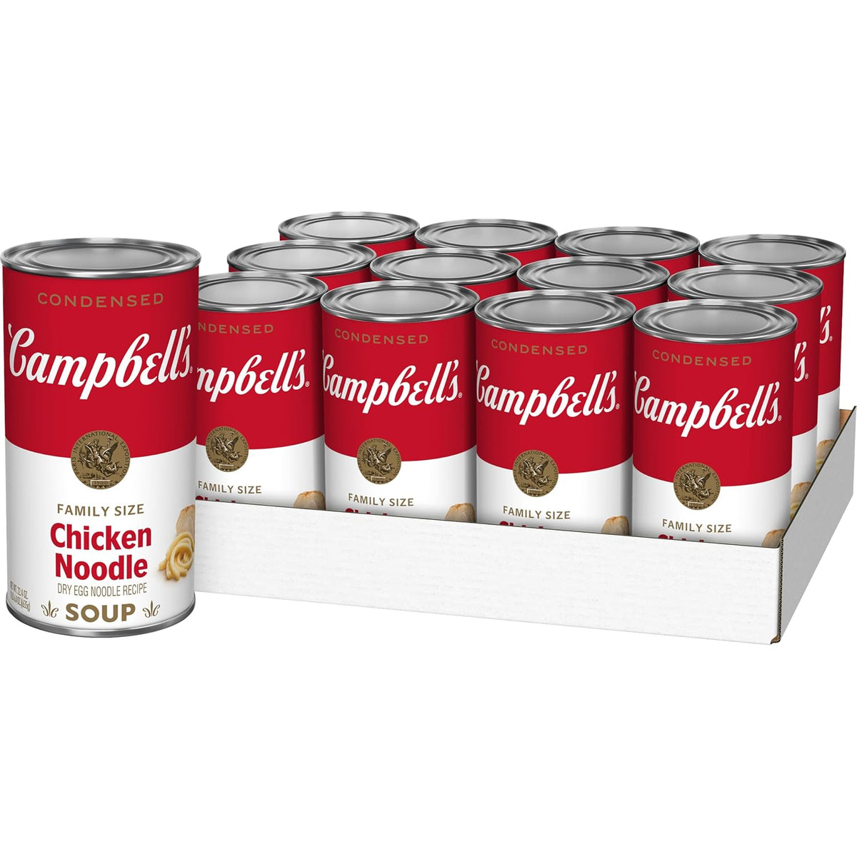 Pack of four Campbell's Chicken Noodle Soup cans, 10.75 oz each, featuring classic condensed chicken noodle soup in a colorful can design.