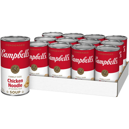 Pack of four Campbell's Chicken Noodle Soup cans, 10.75 oz each, featuring classic condensed chicken noodle soup in a colorful can design.