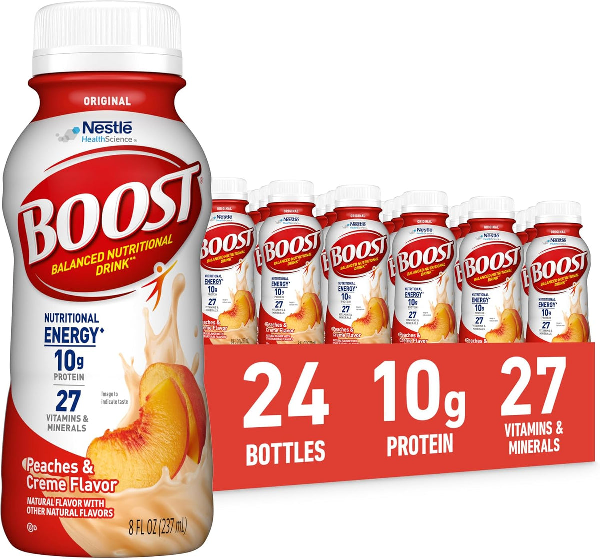 BOOST Original Nutritional Shake in Very Vanilla flavor, ready-to-drink nutritional beverage, 24-pack, appears in the image.