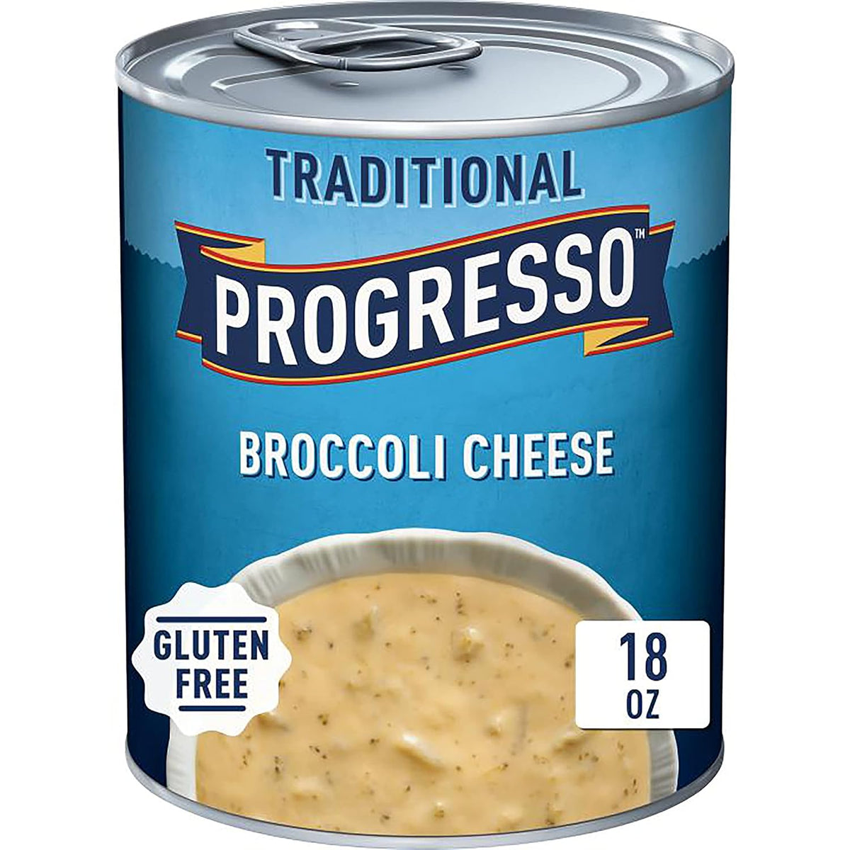 Canned Progresso Traditional Chicken Noodle Soup, 19 oz, four-pack, featuring a bowl of soup with noodles, chicken, and vegetables.