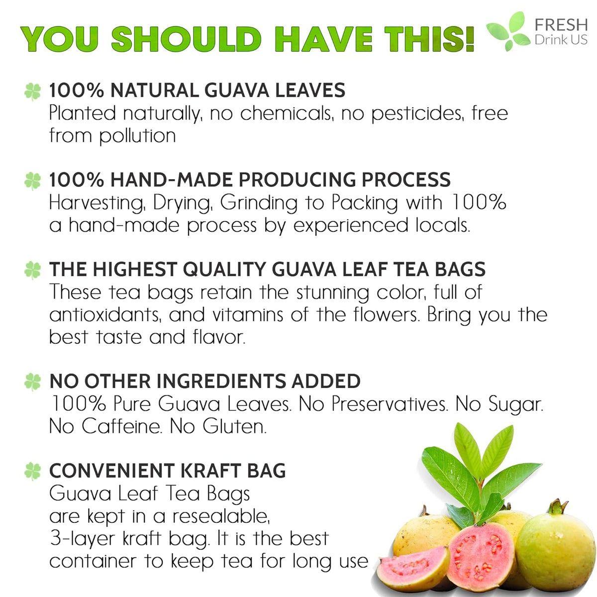 Natural Guava Leaves, Whole Dried Leaves, Cut-and-Sifted Guava leaves, 100% Pure from Guava Leaves, Natural Guava Loose Leaf Herbal Tea, No Additives, No Caffeine, Vegan