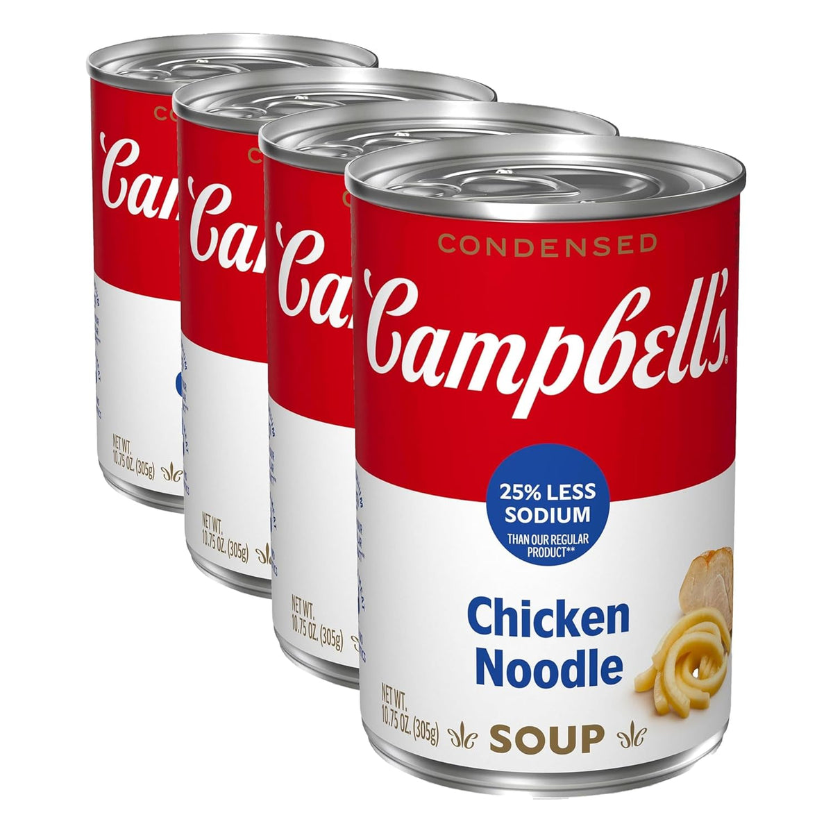 Campbell's Homestyle Chicken Noodle Soup in 10.5 oz cans, pack of 12, with image showing the soup can packaging.