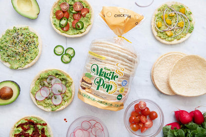 Kim's Chickpea Pop snack by Kim's Magic Pop, showing crispy chickpea rice snacks in colorful packaging.