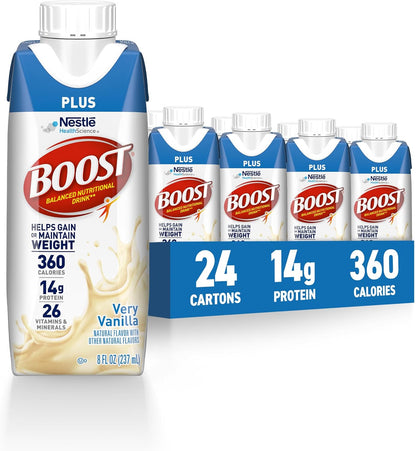 BOOST Plus Ready to Drink Nutritional Protein Drink in Rich Chocolate, 24-pack, showing the chocolate-flavored bottles.