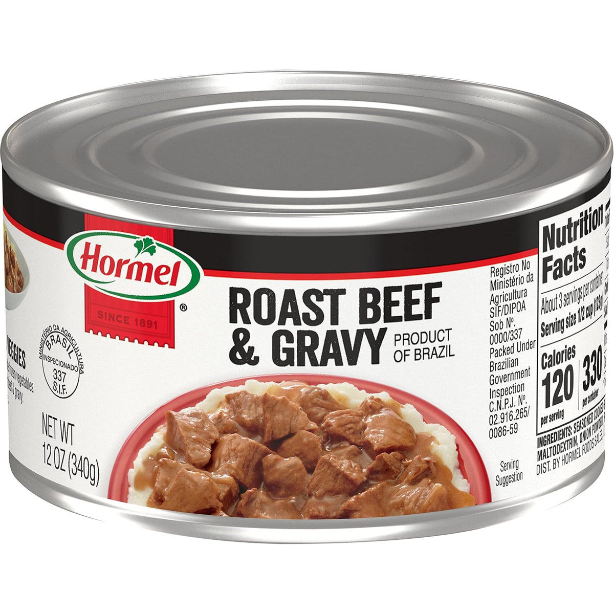 Canned Hormel Roast Beef & Gravy in 12-ounce cans, ready-to-serve beef gravy with tender roast beef slices in a pack of 12