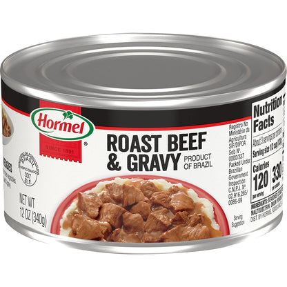 Canned Hormel Roast Beef & Gravy in 12-ounce cans, ready-to-serve beef gravy with tender roast beef slices in a pack of 12