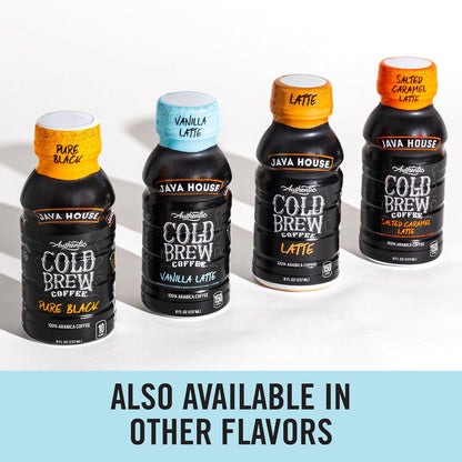 Java House Cold Brew French Vanilla Latte in 8oz bottled drink, creamy coffee beverage with vanilla flavor in a clear bottle