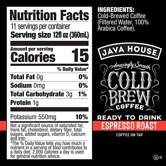 Cold brew coffee on tap from Java House, served in a glass with ice, showcasing a rich, dark brew with a smooth finish.