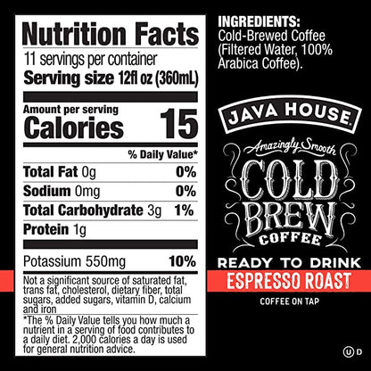 Cold brew coffee on tap from Java House, served in a glass with ice, showcasing a rich, dark brew with a smooth finish.
