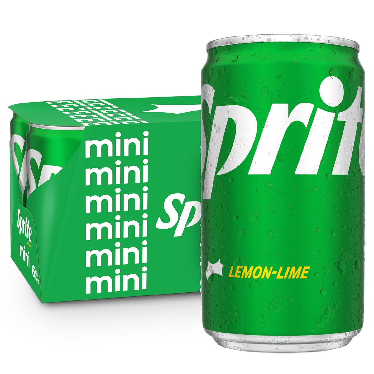 Mini cans of Sprite Lemon-Lime Soda, 7.5 fl oz, 10-pack, featuring the iconic green and yellow Sprite branding on the cans.