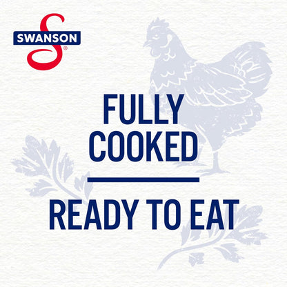 Canned Swanson White Premium Chunk Chicken in Water, 4 cans of 2.4 oz each, showing the product packaging and labels.