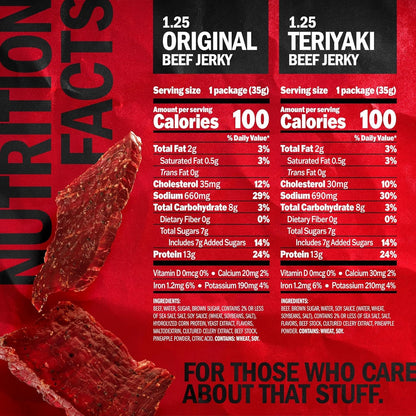 Jack Link's beef jerky variety pack with original and teriyaki flavors, 9-pack of 1.25 oz bags, displayed in a box.
