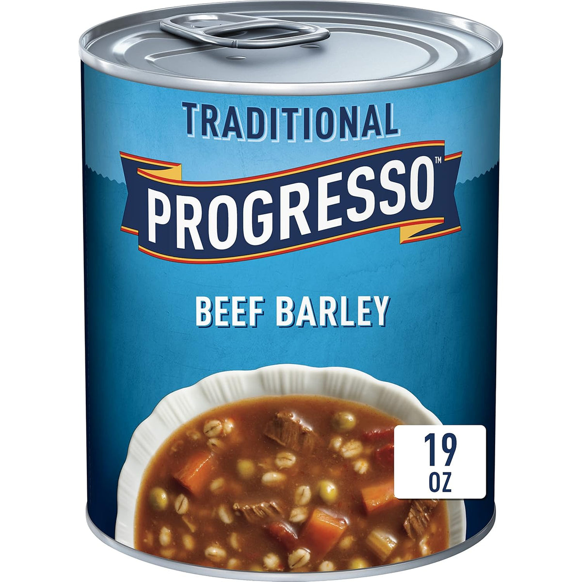 Cans of Progresso Traditional Chicken Noodle Soup, 19 oz, 4-pack, featuring labeled cans with soup images and branding.