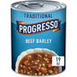 Cans of Progresso Traditional Chicken Noodle Soup, 19 oz, 4-pack, featuring labeled cans with soup images and branding.