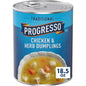 Canned Progresso Traditional Chicken Noodle Soup in 19 oz cans, four-pack, featuring soup with chicken and noodles in a clear bowl