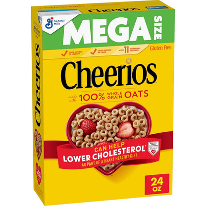 Cheerios gluten free breakfast cereal in a family size 18 oz box, showing the round cereal pieces on the package.