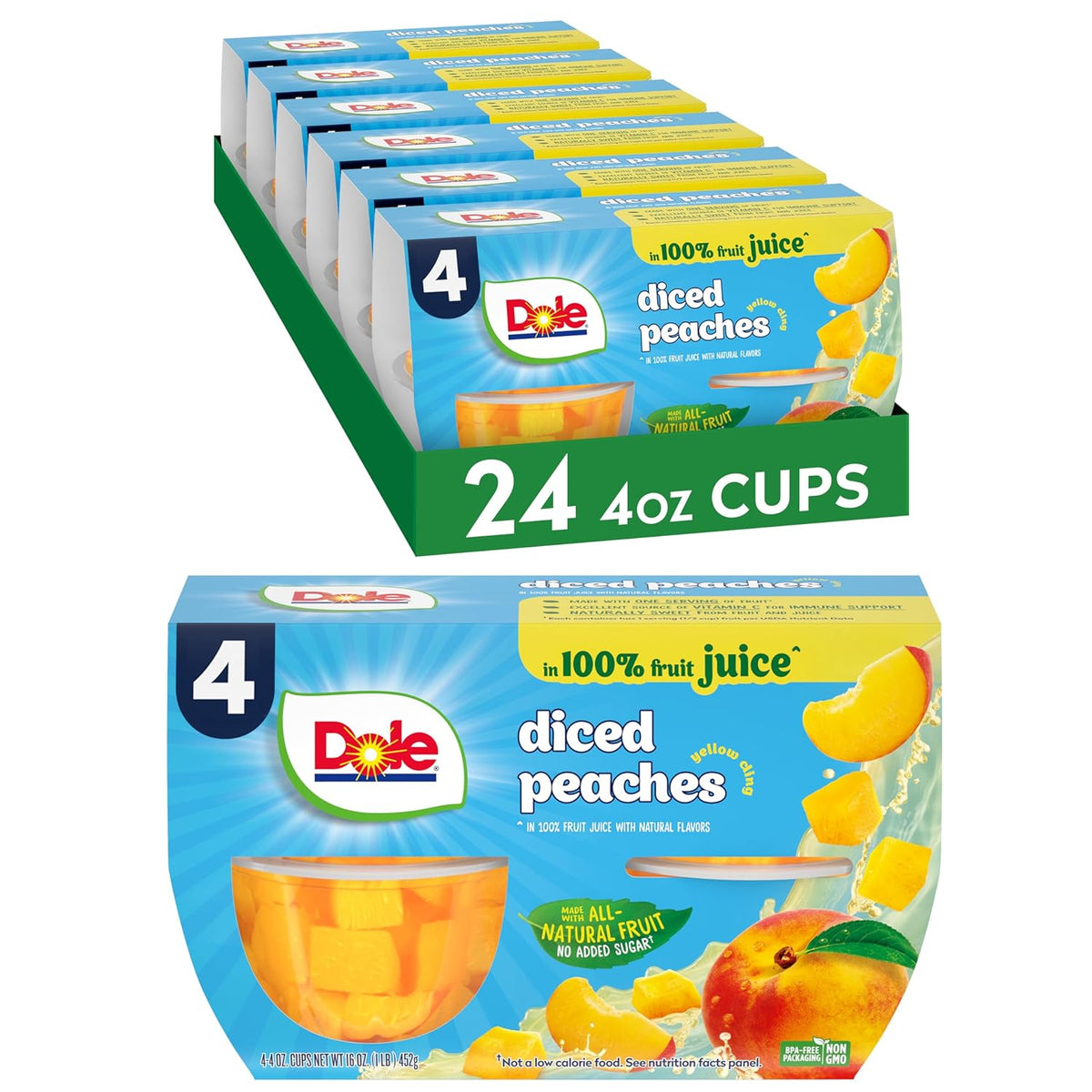 Dole diced peaches in 4 oz fruit snack cups, 12-pack, showing peeled peach pieces in clear plastic bowls