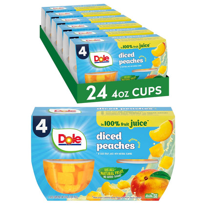 Dole Diced Mango fruit snack cups, 4 oz bowls, 24-pack, showing vibrant diced mango pieces in clear plastic cups.