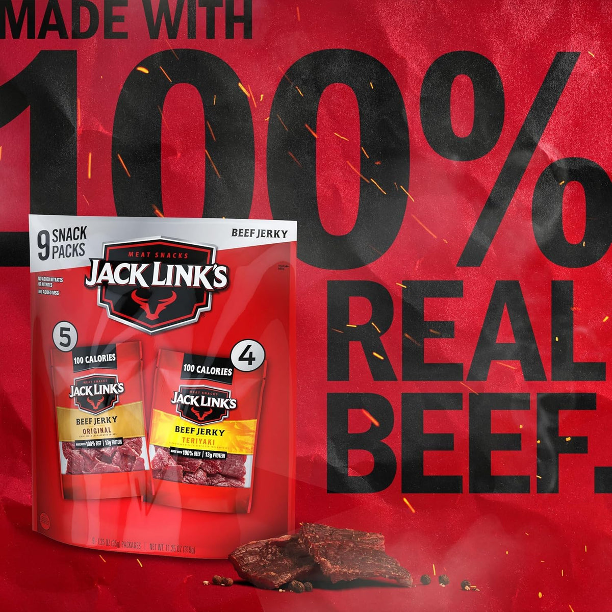 Jack Link's beef jerky variety pack with original and teriyaki flavors, 9-pack, 1.25 oz each, in resealable packages.