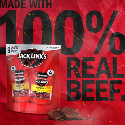 Jack Link's beef jerky variety pack with original and teriyaki flavors, 9-pack, 1.25 oz each, in resealable packages.