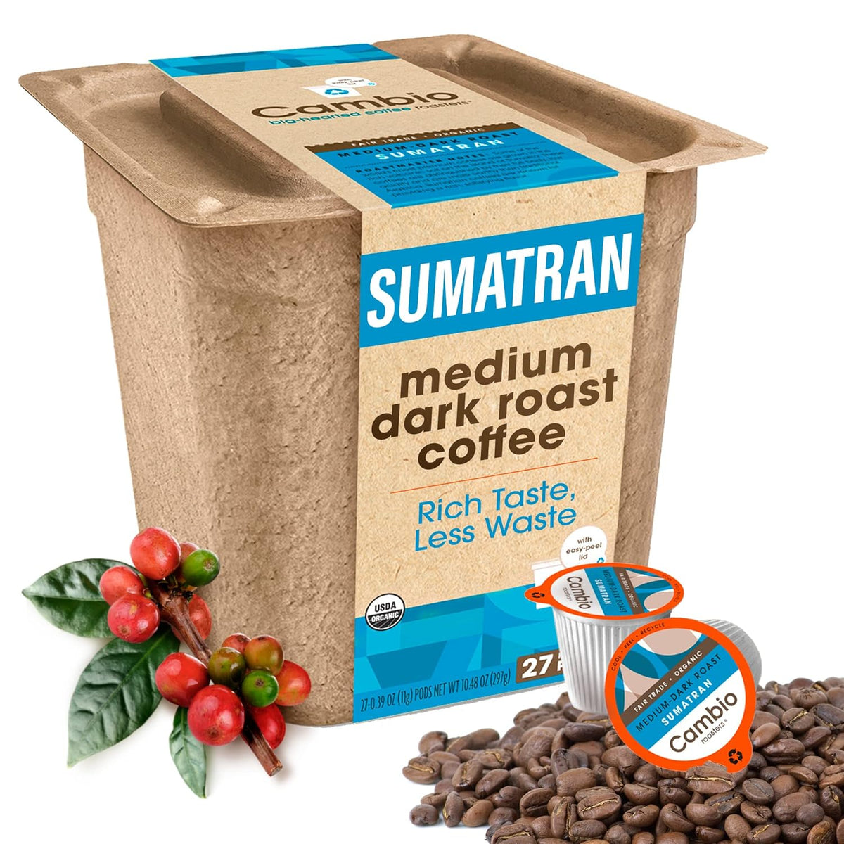 Cambio Roasters Colombian medium roast organic coffee pods in recyclable aluminum, Keurig compatible, 60-count, bold flavor.