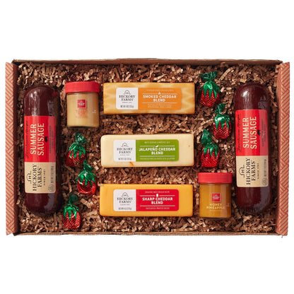 Hickory Farms small cheese gift basket with summer sausage, gourmet meats, and cheeses, perfect for holidays and special occasions.