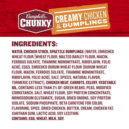 Campbell’s Chunky Creamy Chicken and Dumplings Soup can, 18.8 oz, featuring a label with a bowl of soup and chicken dumplings.