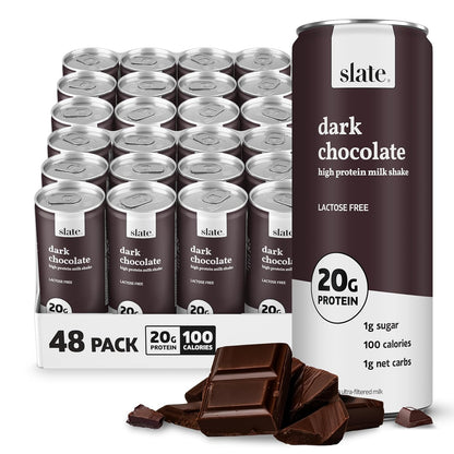 Slate Milk high protein milk shakes and iced coffees, including classic chocolate and vanilla latte, in 11 fl oz cans.