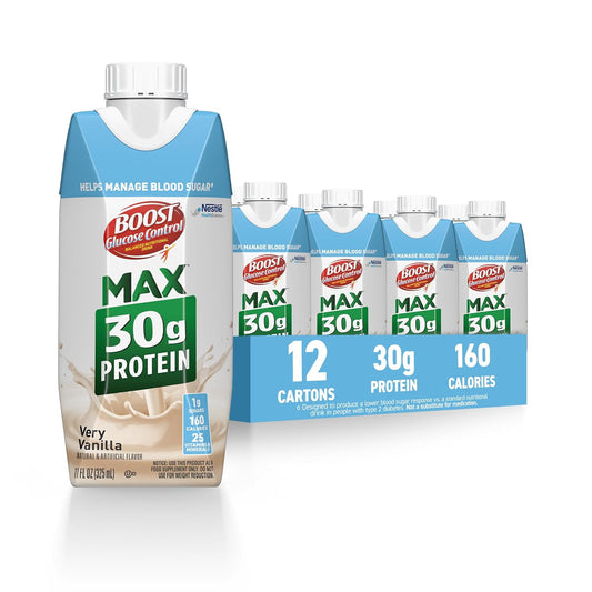 BOOST Glucose Control Max vanilla protein drink in 11 oz bottles, pack of 24, featuring creamy, nutritious vanilla flavor.