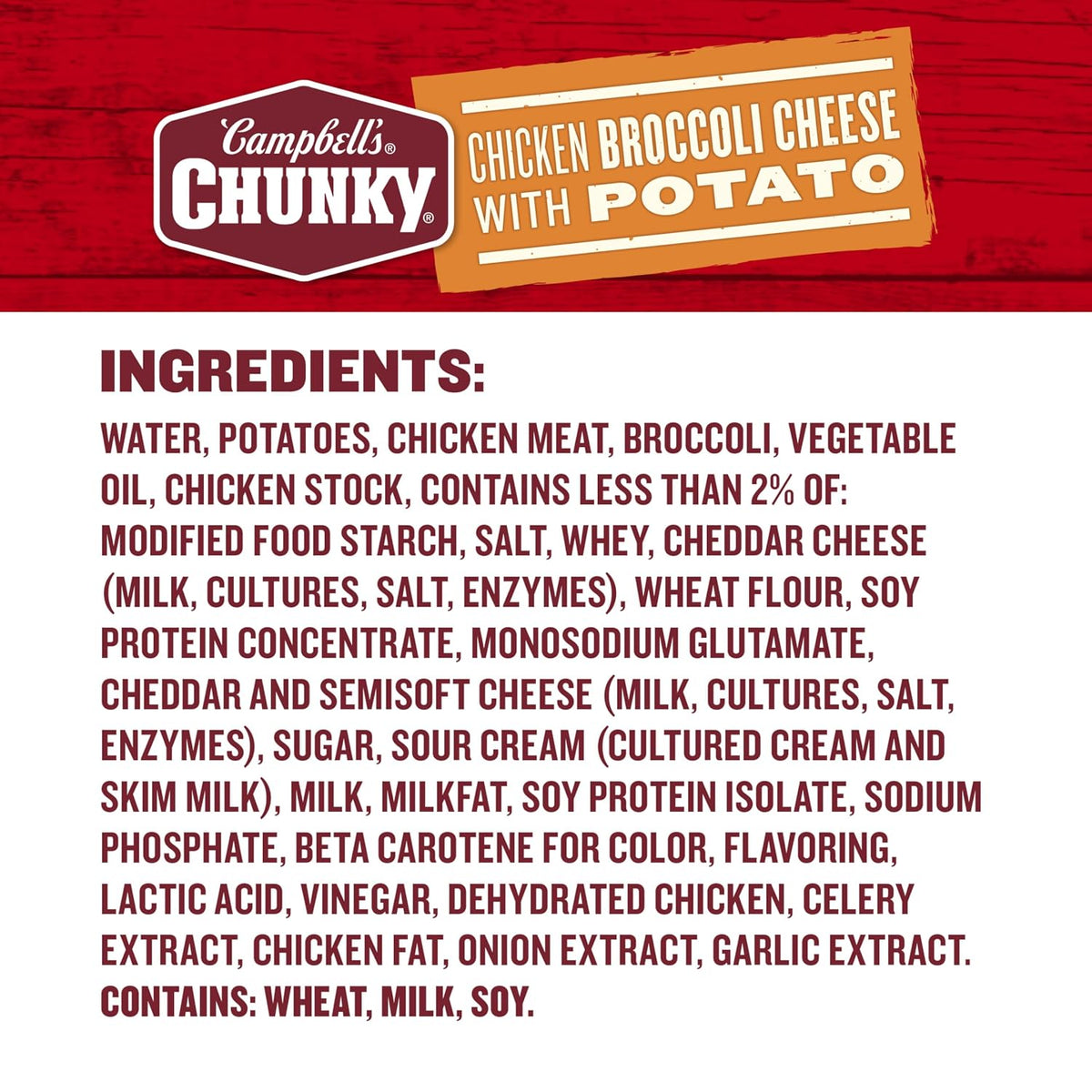 Campbell's Chunky Chicken Broccoli Cheese Soup can, 18.8 oz, featuring a label with chicken, broccoli, and cheese ingredients.