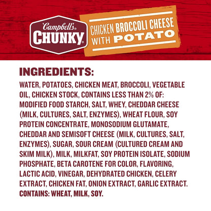 Campbell's Chunky Chicken Broccoli Cheese Soup can, 18.8 oz, featuring a label with chicken, broccoli, and cheese ingredients.