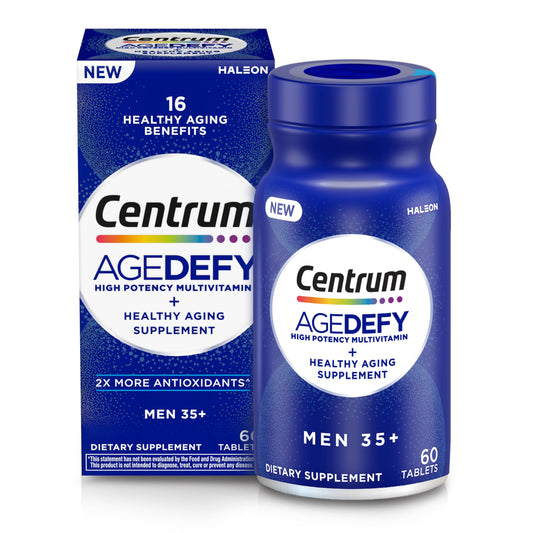 Centrum Age Defy Men's high potency multivitamin bottle with 60 caplets, dietary supplement for men's health.