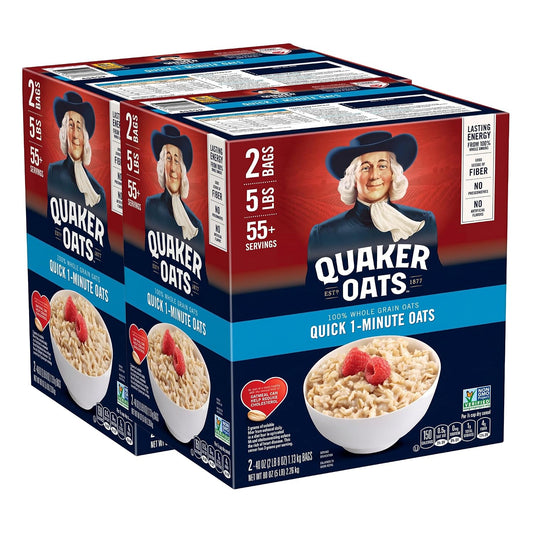Quaker Old Fashioned Rolled Oats in two 64oz bags, Non-GMO verified, ideal for healthy breakfast or baking.